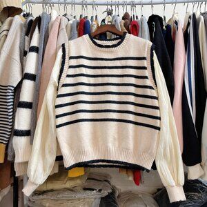 Cream Navy Striped Knit Sweater Preppy Top